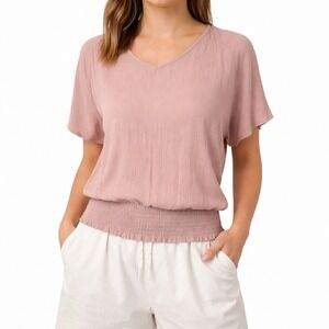 Paper Crane Blouse Women Large L Flowy Elastic Waist Boho Prairie Blush Pink‎